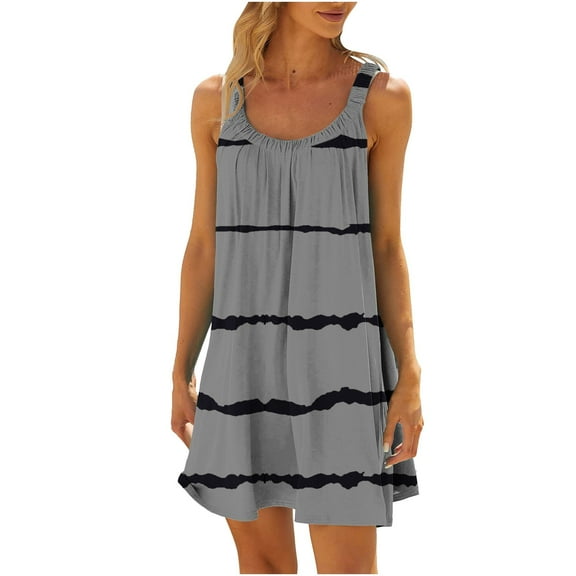 LYEAA Casual Dresses for Women Summer Plus Size Crew Neck Sleeveless Flowy Ruched Elegant Midi Dresses Striped Dressy Loose Pullover Dresses Comfort Vacation Dresses Gray 2XL