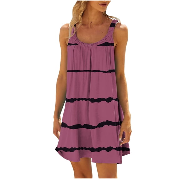 LYEAA Casual Dresses for Women Summer Plus Size Crew Neck Sleeveless Flowy Ruched Elegant Midi Dresses Striped Dressy Loose Pullover Dresses Comfort Vacation Dresses Pink M