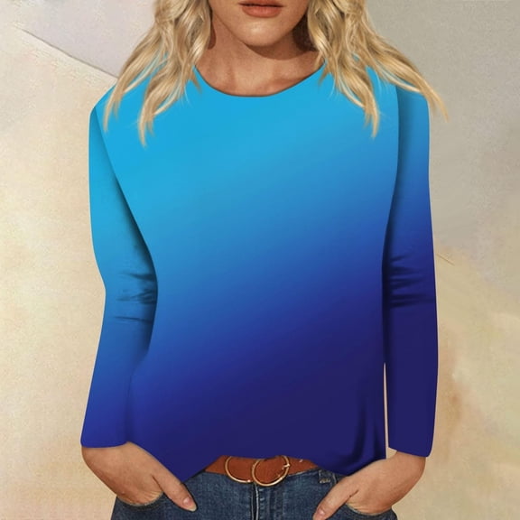 LYEAA Casual Long Sleeve Tops for Women Warm Crew Neck Shirts Stylish Gradient Winter Pullover Comfortable Dressy Outfits Loose Lightweight Clothes Blue S