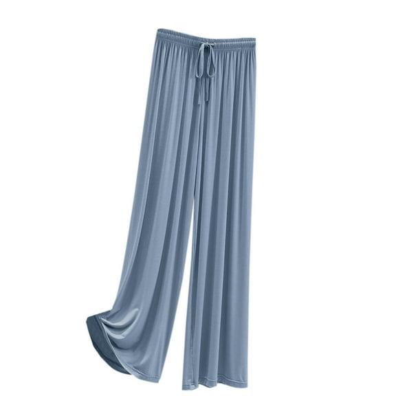 LYEAA Casual Pants for Women with Pockets Drawstring Elastic High Waist Wide Leg Straight Pants Solid Color Baggy Comfort Loungewear Pants Soft Loose Pants Blue 2XL