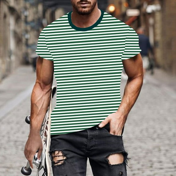LYEAA Casual Shirts for Men Short Sleeve Crew Neck Beach Loose Summer Pullover T-shirts Striped Soft Comfortable Breathable Men's Tops Green 3XL