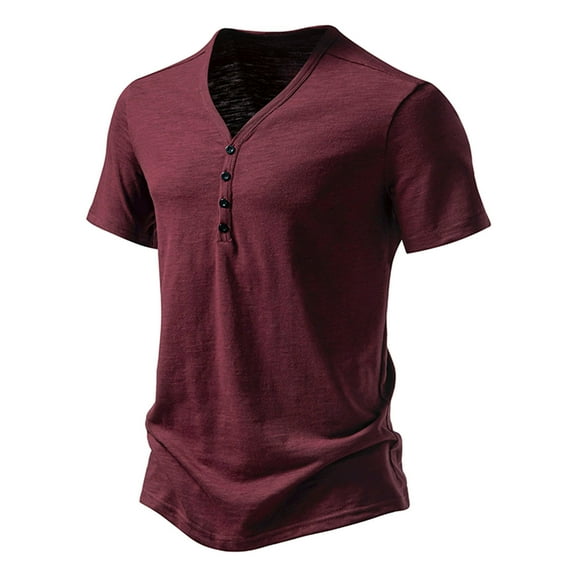 LYEAA Casual Shirts for Men Short Sleeve Three Buttons Crew Neck Loose Summer Pullover T-shirts Solid Soft Comfortable Breathable Men's Tops Red M