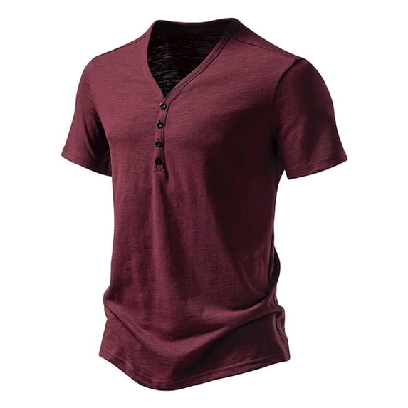 LYEAA Casual Shirts for Men Short Sleeve Three Buttons Crew Neck Loose Summer Pullover T-shirts Solid Soft Comfortable Breathable Men's Tops Red S