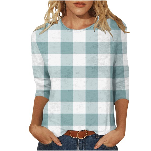 LYEAA Casual Tops for Women in Plus Sizes Plus Size Crew Neck 3/4 Sleeve T-shirt Fashion Checkered Tees Loose Soft Comfortable Blouse Dressy Breathable Trendy Clothing Green XL