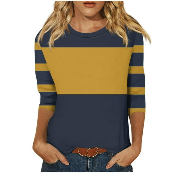 LYEAA Casual Tops for Women Trendy Crew Neck 3/4 Sleeve T-shirt Fashion Color Block Striped Tees Loose Soft Comfortable Blouse Dressy Breathable Clothing Blue S