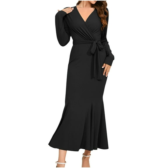 LYEAA Casual Wedding Guest Dresses for Women Long Sleeve V Neck Long Mermaid Dress Wrap Flowy Elegant Homecoming Dress Solid Color Belted Dress Fashion Holiday Party Dress Ball Gown Black S