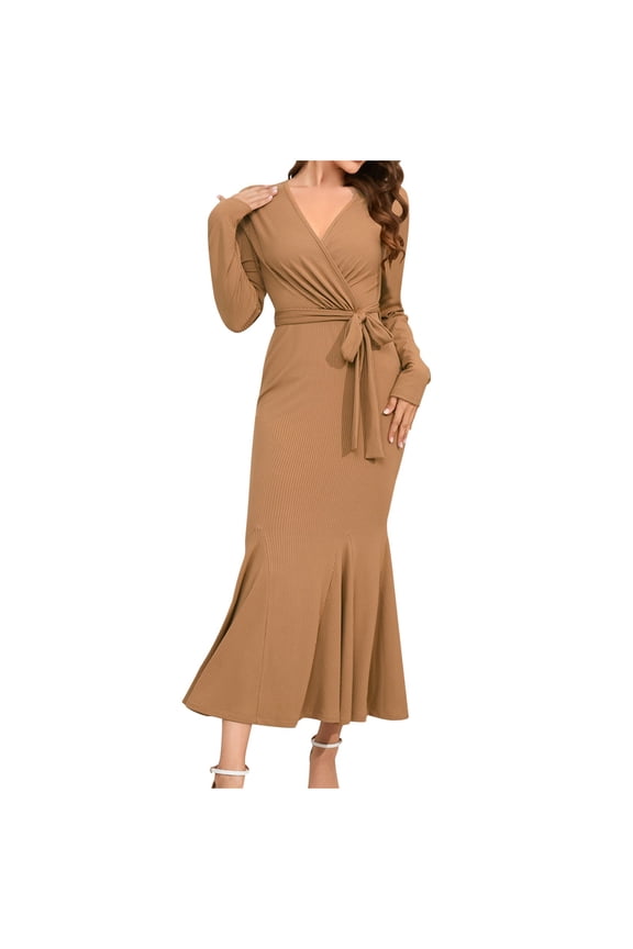 Casual Wedding Guest Dresses for Women Long Sleeve V Neck Long Mermaid Dress Wrap Flowy Elegant Homecoming Dress Solid Color Belted Dress Fashion Holiday Party Dress Ball Gown Brown XL