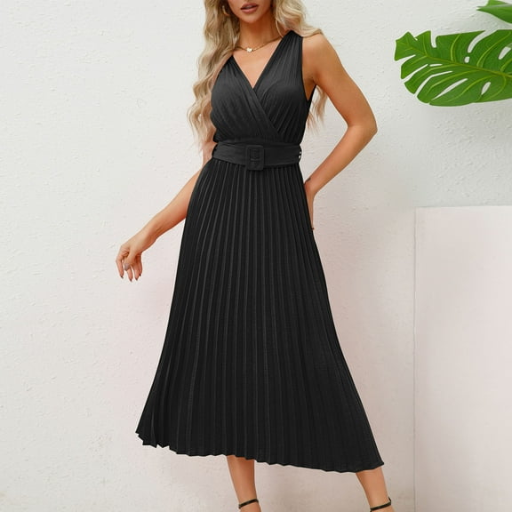 LYEAA Casual Wedding Guest Dresses for Women Sleeveless Plus Size Elegant Loose Long A Line Dresses V Neck Solid Pleated Fashion Prom Belted Flowy Party Dresses Black 2XL