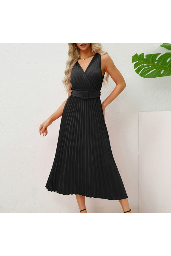 Casual Wedding Guest Dresses for Women Sleeveless Plus Size Elegant Loose Long A Line Dresses V Neck Solid Pleated Fashion Prom Belted Flowy Party Dresses Black 2XL