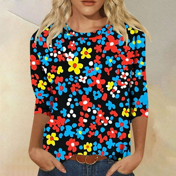 LYEAA Casual Women Tops 3/4 Sleeve Ombre Print Round Neck Stretchy Shirt with Elastic Cuffs Lightweight Summer Blouse for Daily Outdoor Wear Blue M