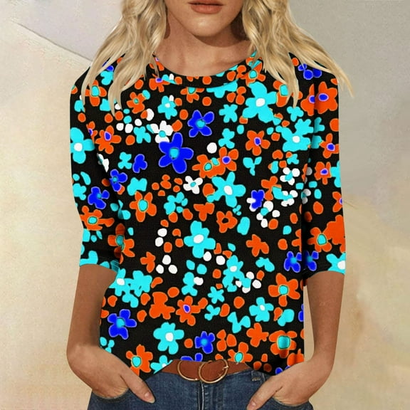 LYEAA Casual Women Tops 3/4 Sleeve Ombre Print Round Neck Stretchy Shirt with Elastic Cuffs Lightweight Summer Blouse for Daily Outdoor Wear Orange S
