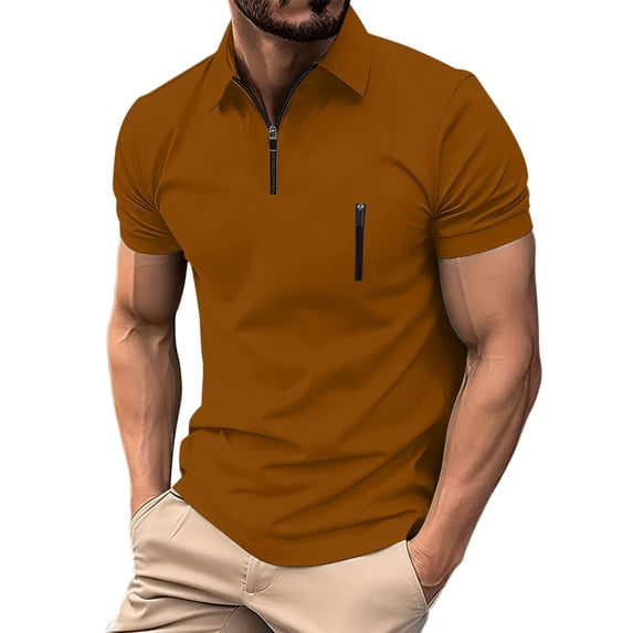 LYEAA Collar Shirts for Men Short Sleeve Quarter Zipper Classic Pullover Solid Dressy Shirt Breathable Summer Tops Orange L