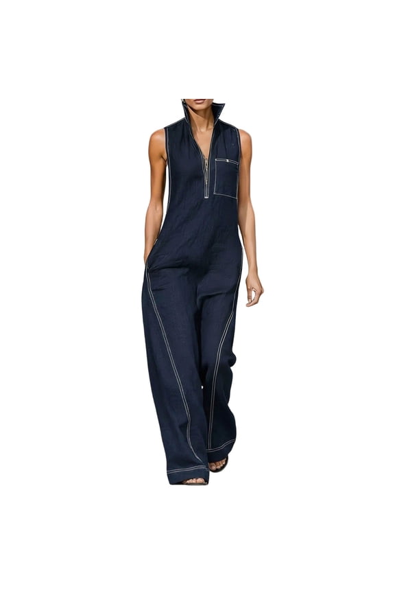 Collared Jumpsuits for Women Sleeveless Rompers Zip Front One Piece Flowy Overalls Loose Business Outfits with Pockets