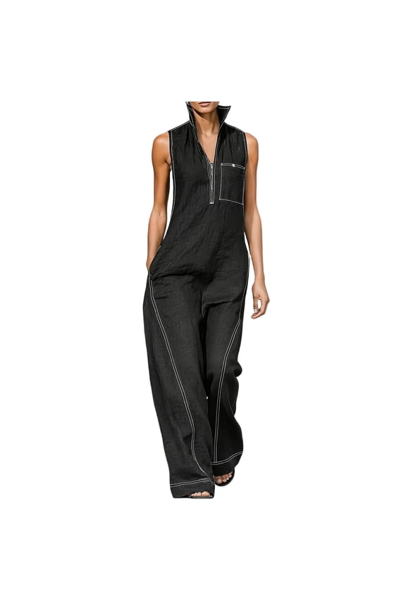 Collared Jumpsuits for Women Sleeveless Rompers Zip Front One Piece Flowy Overalls Loose Business Outfits with Pockets