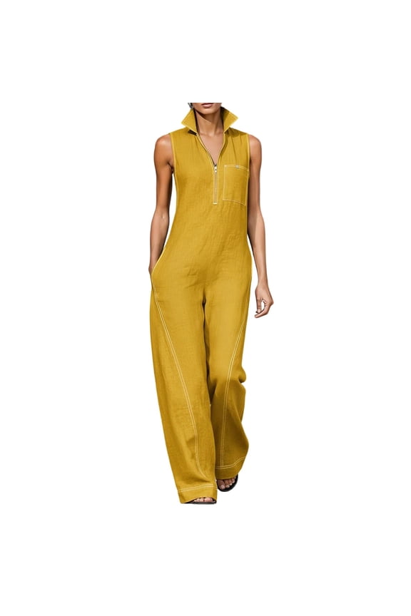 Collared Jumpsuits for Women Sleeveless Rompers Zip Front One Piece Flowy Overalls Loose Business Outfits with Pockets