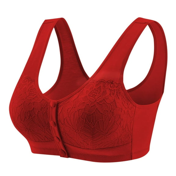 LYEAA Cotton Bras for Women Plus Size Wireless Push Up Bras Front Closure Wide Strap Bras Stretch No Wire Lift Shape Bralette Soild Lace Breathable Soft Bras Everyday Bras T-Shirt Bras Red