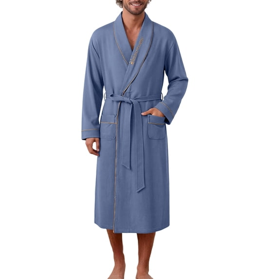 LYEAA Cotton Robes for Men Shawl Collar Bathrobes Belted Pocketed Soft Long Sleeves Housecoat for Shower Pool Home Spa Use Blue L