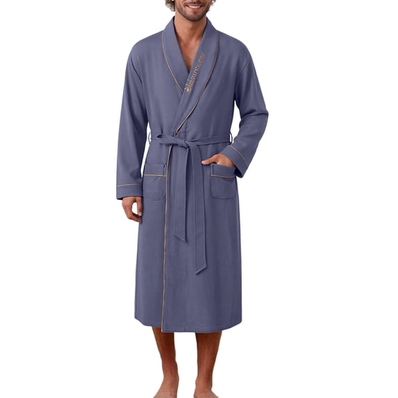 LYEAA Cotton Robes for Men Shawl Collar Bathrobes Belted Pocketed Soft Long Sleeves Housecoat for Shower Pool Home Spa Use Navy XL
