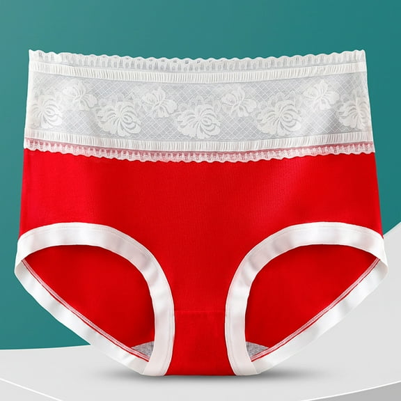 LYEAA Cotton Underwear Womens Breathable Mid Waisted Cool Briefs Comfort Color Block Lace Daily Panties Full Fashionable Underpants Red XL