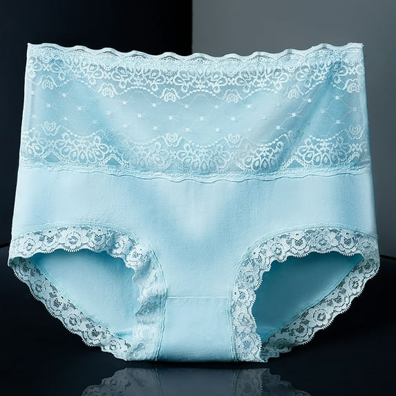 LYEAA Cotton Womens Underwear High Cut High Waisted Cool Briefs Breathable Comfort Solid Lace Daily Panties Full Fashionable Underpants Blue 2XL