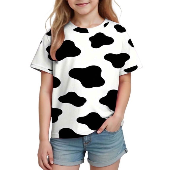 LYEAA Cow Shirts for Girls Crewneck Short Sleeve Basic Tee Lightweight T Shirt Cute Print Funny Casual Tops Multicolor 11-12T