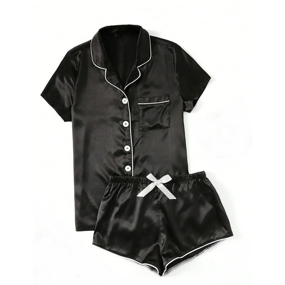 LYEAA Cozy Womens Pajamas Set Valentine's Day Two Piece Soft Satin Nightwear Short Sleeve Shirts with Shorts Button Loungewear Ladies Solid Loose Casual Sleepwear Sleepsuits Black XL