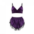 thumbnail image 1 of LYEAA Cozy Womens Pajamas Set Valentine's Day Two-piece Soft Satin Nightwear Lace V Neck Bras with Shorts Loungewear Ladies Solid Casual Sleepwear Sleepsuits Purple XL, 1 of 4