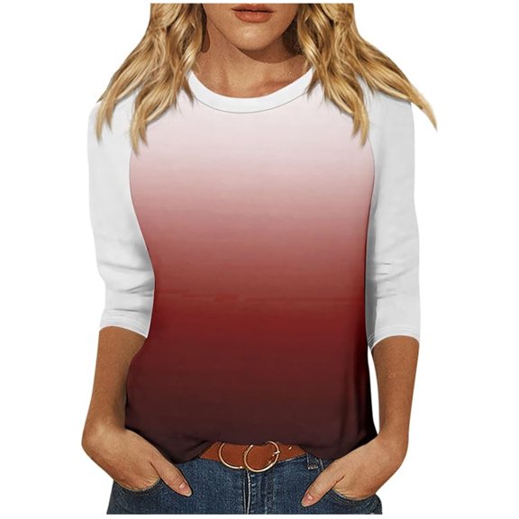 LYEAA Crew Neck T Shirt Womens Fitted 3/4 Sleeve T-shirt Fashion Color Block Gradient Tees Loose Soft Comfortable Blouse Dressy Casual Breathable Trendy Clothing Red M
