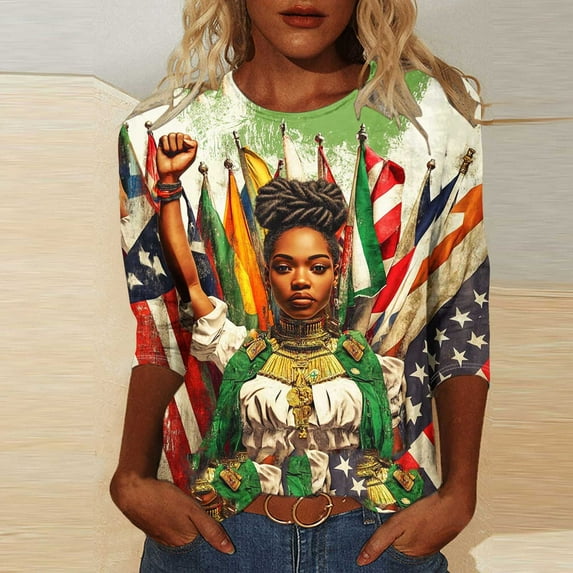 LYEAA Cultural Pride Blouse Women 3/4 Sleeve Round Neck T-Shirt Afrocentric Print Cotton Top Loose Fit Black History Casual Outfit Multicolor M