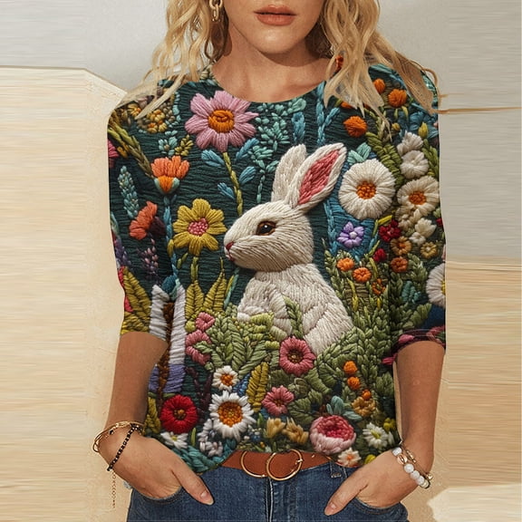 LYEAA Cute Easter T-Shirts for Women 3/4 Sleeve Loose Fit Cotton Top Celebration Print Bunny Floral Pattern Spring Casual Wear with Round Neck White XL