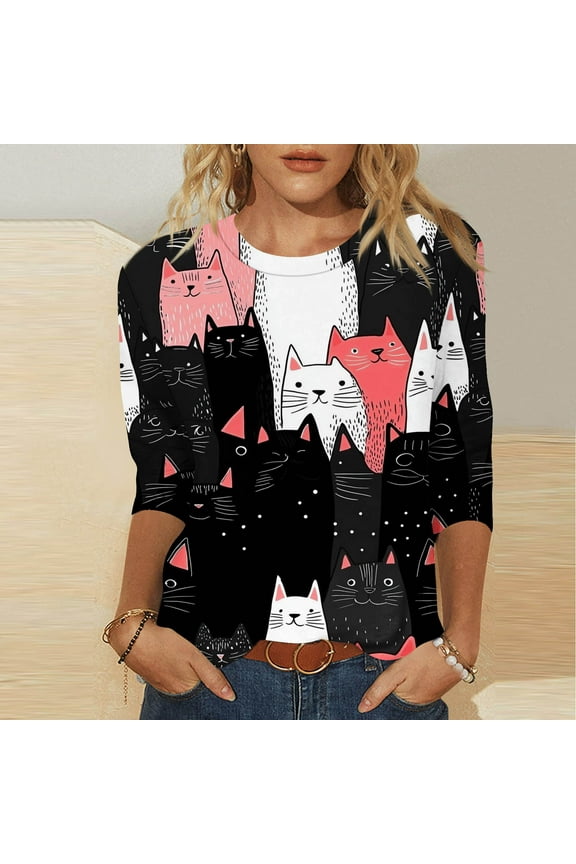 Cute Kitty Printed 3/4 Sleeve T-Shirt for Women Soft Cotton Round Neck Top Stretchy Waist Casual Spring Summer Tops for Women Clothing Black XXL