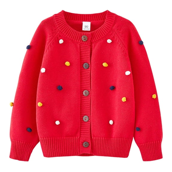 LYEAA Cute Knitted Sweaters for Kids Button down Colorful Pompom Crewneck Long Sleeved Knit Cardigan Jacket