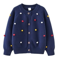 LYEAA Cute Knitted Sweaters for Kids Button down Colorful Pompom Crewneck Long Sleeved Knit Cardigan Jacket