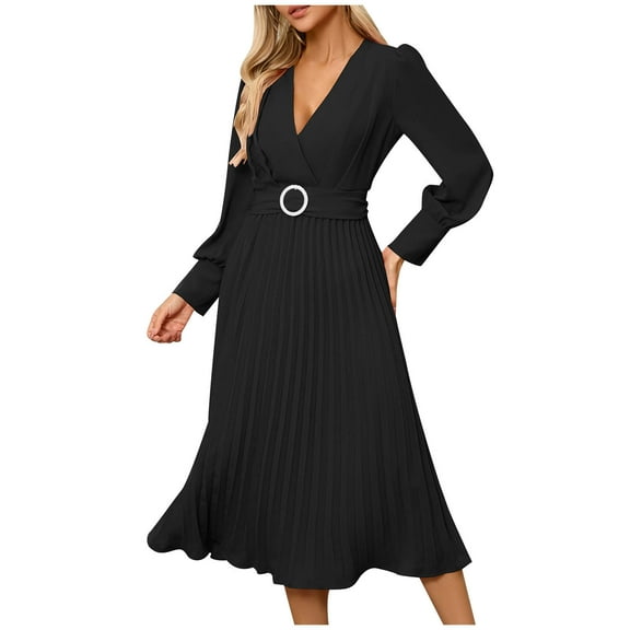 LYEAA Dresses for Wedding Guest Long Sleeve V Neck Long Dress Wrap Flowy Elegant Homecoming Dress Solid Color Belted Dress Fashion Holiday Party Dress Pleated Ball Gown Black S