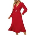 thumbnail image 1 of LYEAA Dresses for Wedding Guest Long Sleeve V Neck Long Dress Wrap Flowy Elegant Homecoming Dress Solid Color Belted Dress Fashion Holiday Party Dress Pleated Ball Gown Red XL, 1 of 8