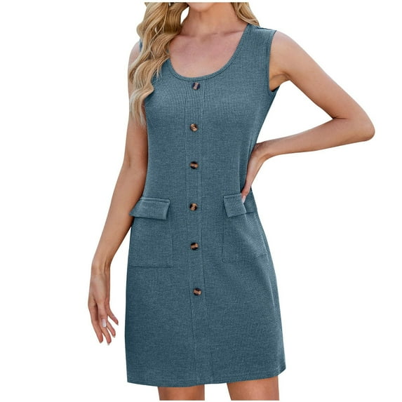 LYEAA Dresses for Women Business Casual Plus Size Crew Neck Sleeveless Elegant Midi Dresses Solid Dressy Fitted Button Pullover Dresses Modest Vacation Dresses with Pockets Blue XL