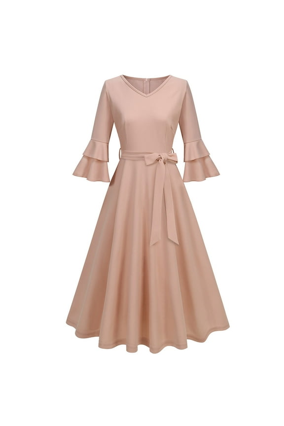 Dresses for Women Homecoming Medium Length Half Sleeve Dress Flowy Elegant Dress A-line Solid Color Bow Belted Dress 1950s Vintage Holiday Party Dress Modest Ball Gown Wedding Guest Dress XXL