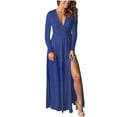 thumbnail image 1 of LYEAA Dresses for Women Party Elegant Long Sleeve V Neck Maxi Dress Flowy Dress Slit Solid Color High Elastic Waist Evening Gown Cocktail Dress Fashion Holiday Club Dress Ruched Modest Dress Blue L, 1 of 7