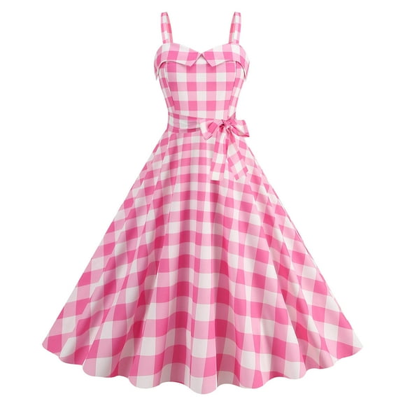 LYEAA Dresses for Women Party Elegant Sleeveless Formal Plus Size Loose Knee Length A Line Wedding Guest Dresses Plaid Bow 1950s Vintage Prom Birthday Flowy Summer Ball Gown Dresses Pink L