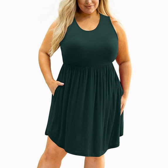 LYEAA Dresses for Women Plus Size Crew Neck Sleeveless Flowy Midi Dresses Solid Casual Dressy Pullover Dresses Comfort Vacation Dresses with Pockets Green XL