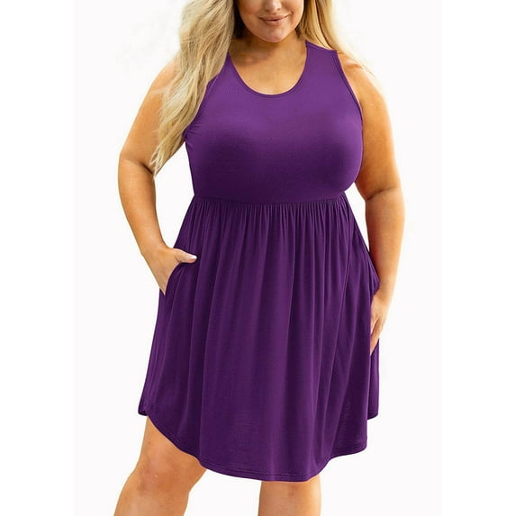 LYEAA Dresses for Women Plus Size Crew Neck Sleeveless Flowy Midi Dresses Solid Casual Dressy Pullover Dresses Comfort Vacation Dresses with Pockets Purple 3XL