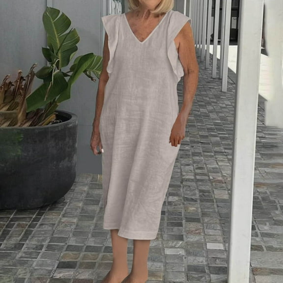 LYEAA Dresses for Women Plus Size Sleeveless Casual Elegant Loose Long A Line Tie Dress V Neck Solid Ruffle Fashion Flowy Modest Summer Beach Vacation Comfortable Dresses Beige L