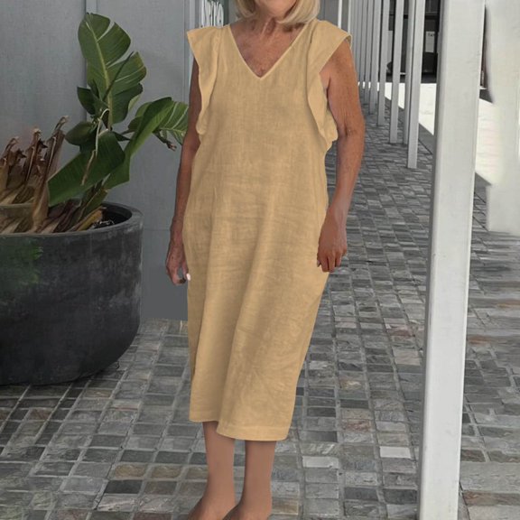 LYEAA Dresses for Women Plus Size Sleeveless Casual Elegant Loose Long A Line Tie Dress V Neck Solid Ruffle Fashion Flowy Modest Summer Beach Vacation Comfortable Dresses Yellow S