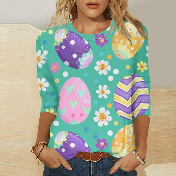 LYEAA Easter Bunny Print 3/4 Sleeve T-Shirt for Women Cotton Round Neck Casual Spring Top Holiday Party Cute Rabbit Graphic Daily Wear Blouse Mint Green XL
