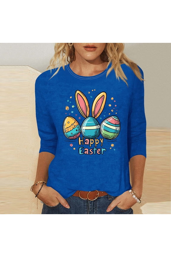 Easter Celebration 3/4 Sleeve T-Shirt Women Cotton Round Neck Top Cute Bunny Graphic Spring Seasonal Gift Idea Casual Wear Blue S