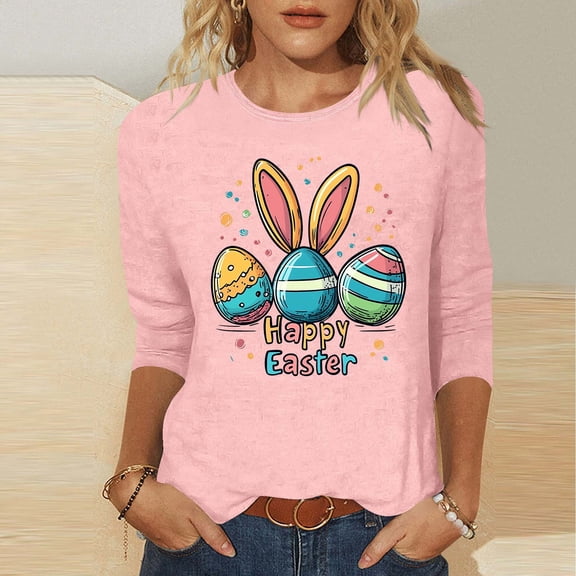 LYEAA Easter Celebration 3/4 Sleeve T-Shirt Women Cotton Round Neck Top Cute Bunny Graphic Spring Seasonal Gift Idea Casual Wear Pink L