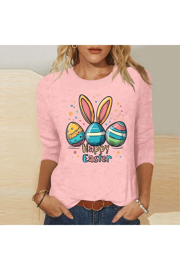 Easter Celebration 3/4 Sleeve T-Shirt Women Cotton Round Neck Top Cute Bunny Graphic Spring Seasonal Gift Idea Casual Wear Pink L