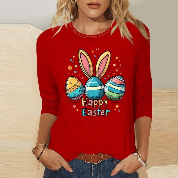 LYEAA Easter Celebration 3/4 Sleeve T-Shirt Women Cotton Round Neck Top Cute Bunny Graphic Spring Seasonal Gift Idea Casual Wear Red XXL
