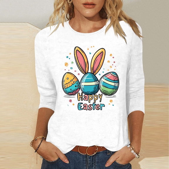 LYEAA Easter Celebration 3/4 Sleeve T-Shirt Women Cotton Round Neck Top Cute Bunny Graphic Spring Seasonal Gift Idea Casual Wear White XL