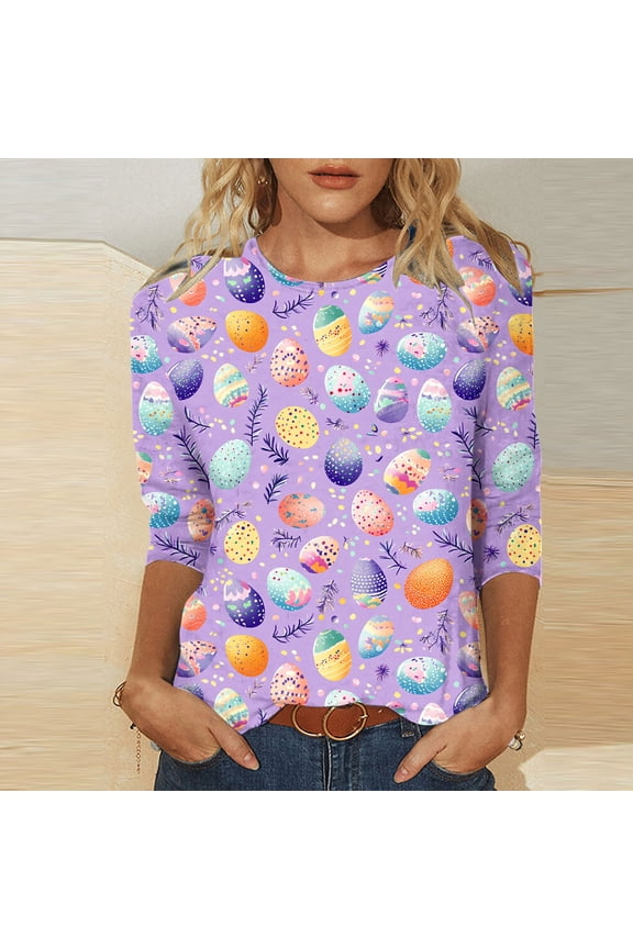 Easter Special 3/4 Sleeve Women Tops Floral Printed Round Neck Casual Shirt Spring Family Gathering Comfort Stretch Fabric Blouse Purple XXL